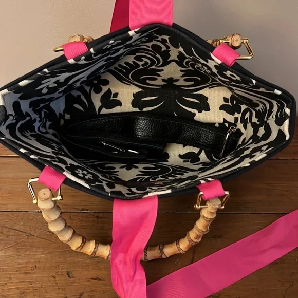 Keeks & Brie Navy Blue with Bright Pink Ribbon Handbag Satchel - Picture 4 of 11